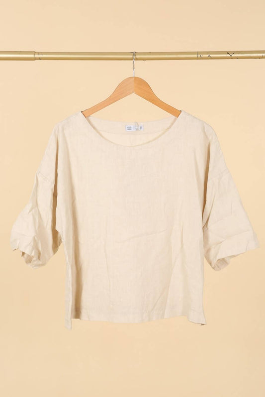 Leinenoberteil mit rundem Ausschnitt 659005, 100 % Leinen: Beige