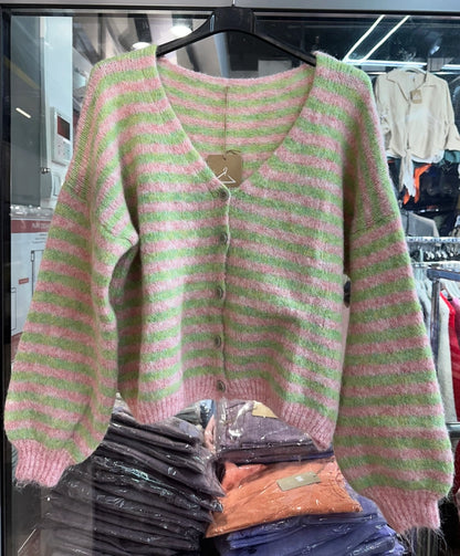 Gestreifte Strickjacke Grün