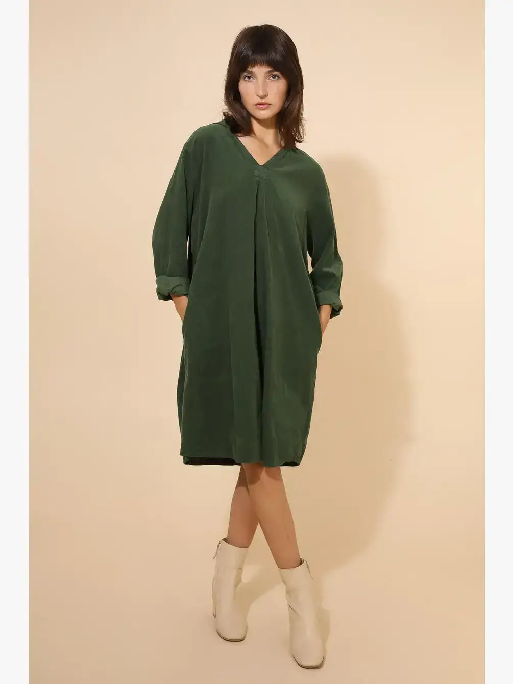 Kleid aus zweimaterialigem Cord 2084 100% Baumwolle: Curry-Gelb