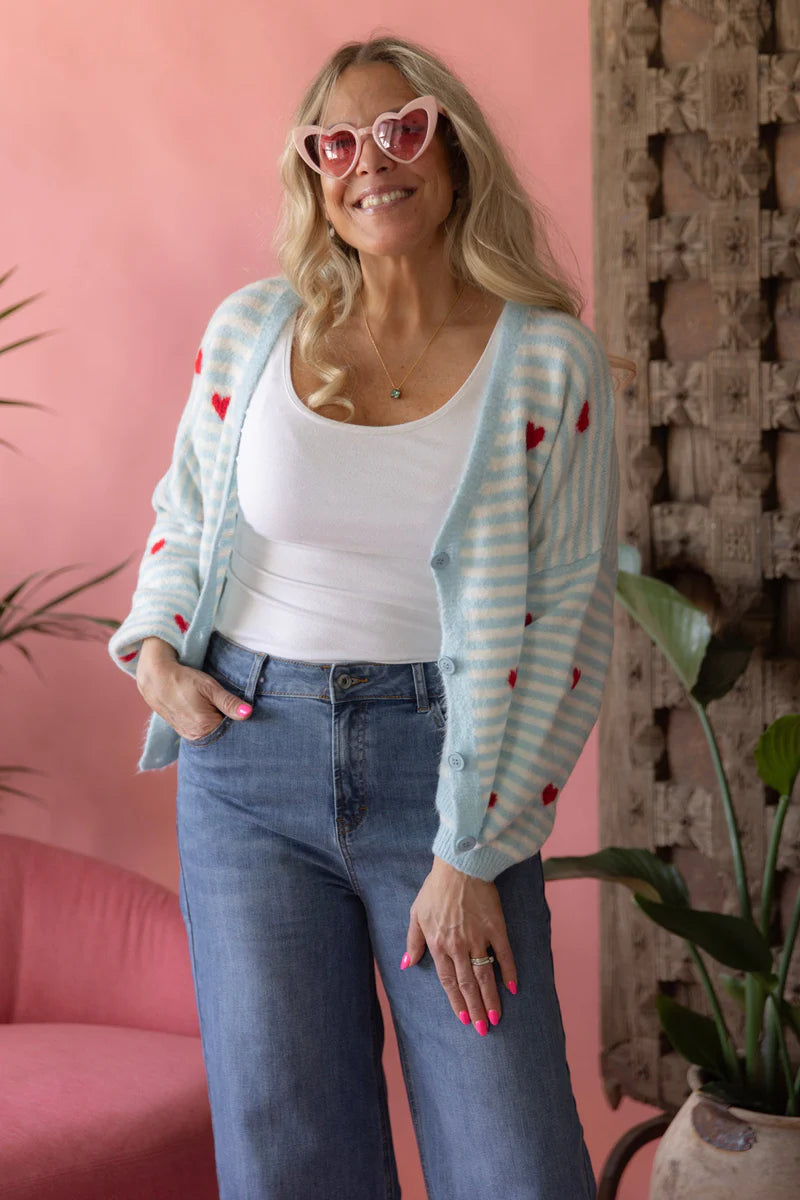 Strickjacke Streifen Herz Hellblau