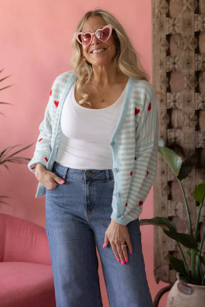 Strickjacke Streifen Herz Hellblau