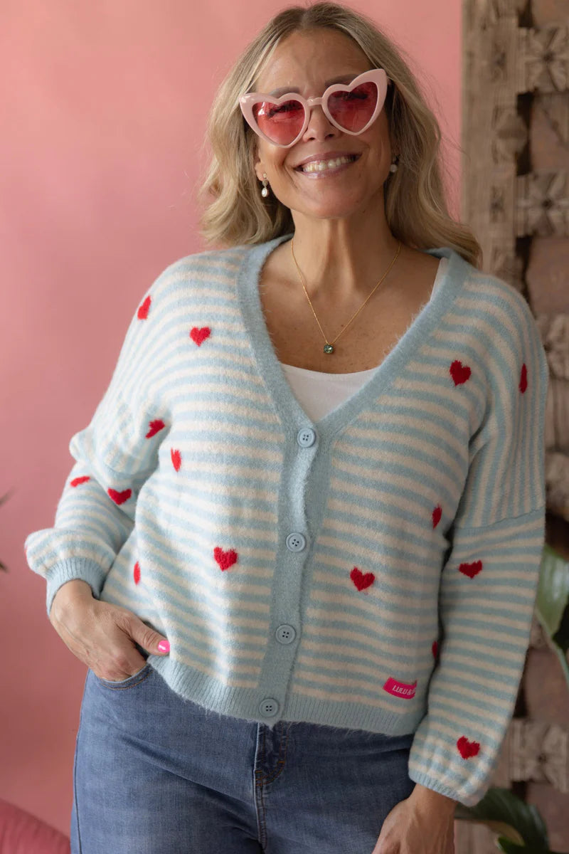 Strickjacke Streifen Herz Hellblau