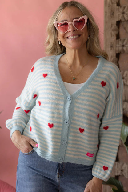 Strickjacke Streifen Herz Hellblau