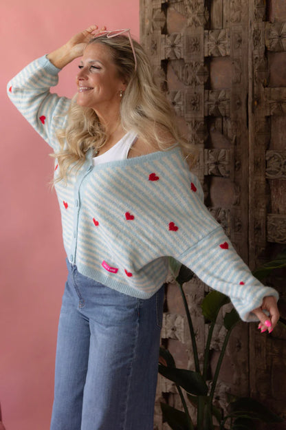 Strickjacke Streifen Herz Hellblau