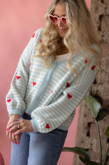 Strickjacke Streifen Herz Hellblau