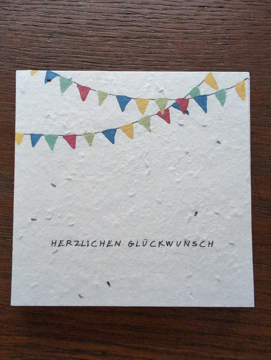 Einpflanzbare Grußkarte mit Umschlag HERZLICHEN GLÜCKWUNSCH quadratisch